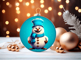 Decorative Christmas ornament with a snowman on a blue background, surrounded by festive decorations.