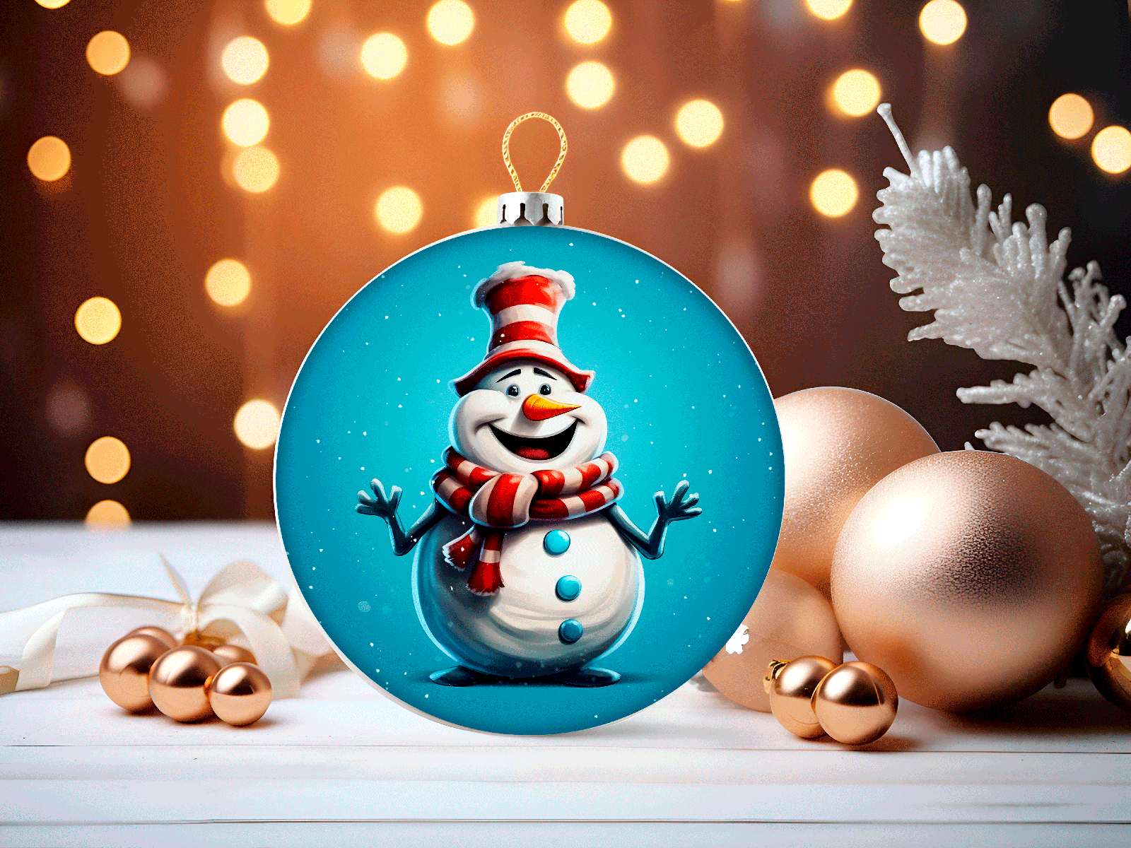 Christmas ornament with a snowman design on a festive background with lights and ornaments.