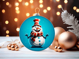 Christmas ornament with a snowman design on a festive background with lights and ornaments.