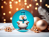 Christmas ornament with a snowman design on a blurred festive background