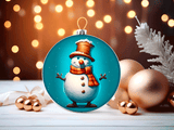 Decorative Christmas ornament with a snowman design on a festive background.