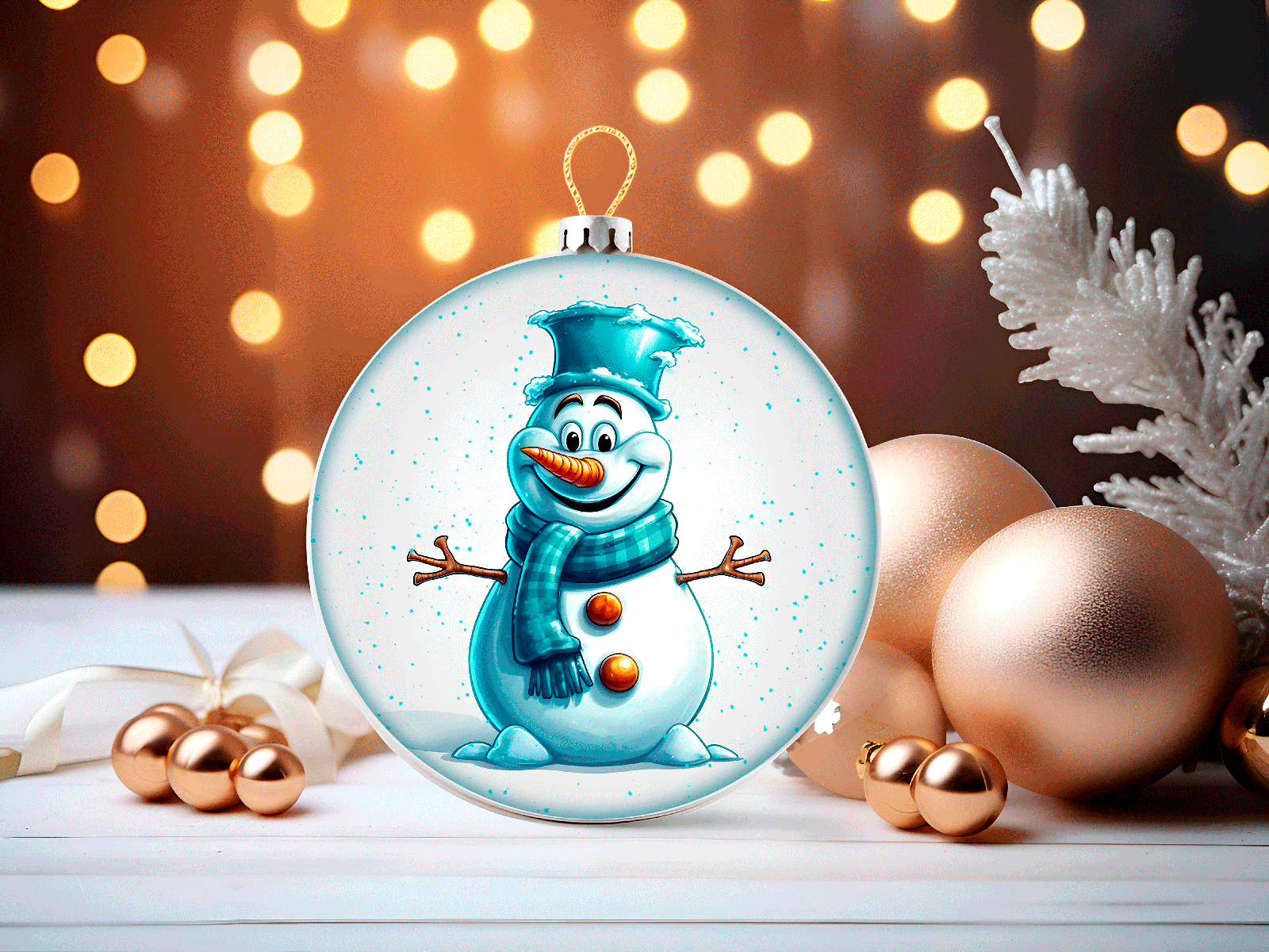 Decorative snowman ornament in a glass ball with festive lights and baubles in the background