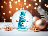 Decorative snowman ornament in a glass ball with festive lights and baubles in the background