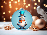 Christmas ornament with a snowman design on a festive background with lights and ornaments.