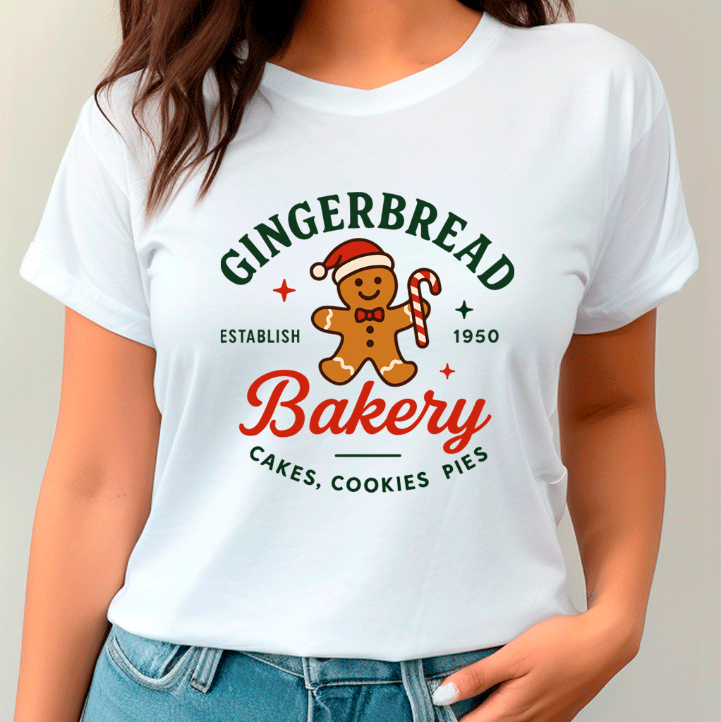 White t-shirt with gingerbread man design and text on a plain background