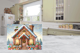 Decorative cutting board with a gingerbread house design in a kitchen setting