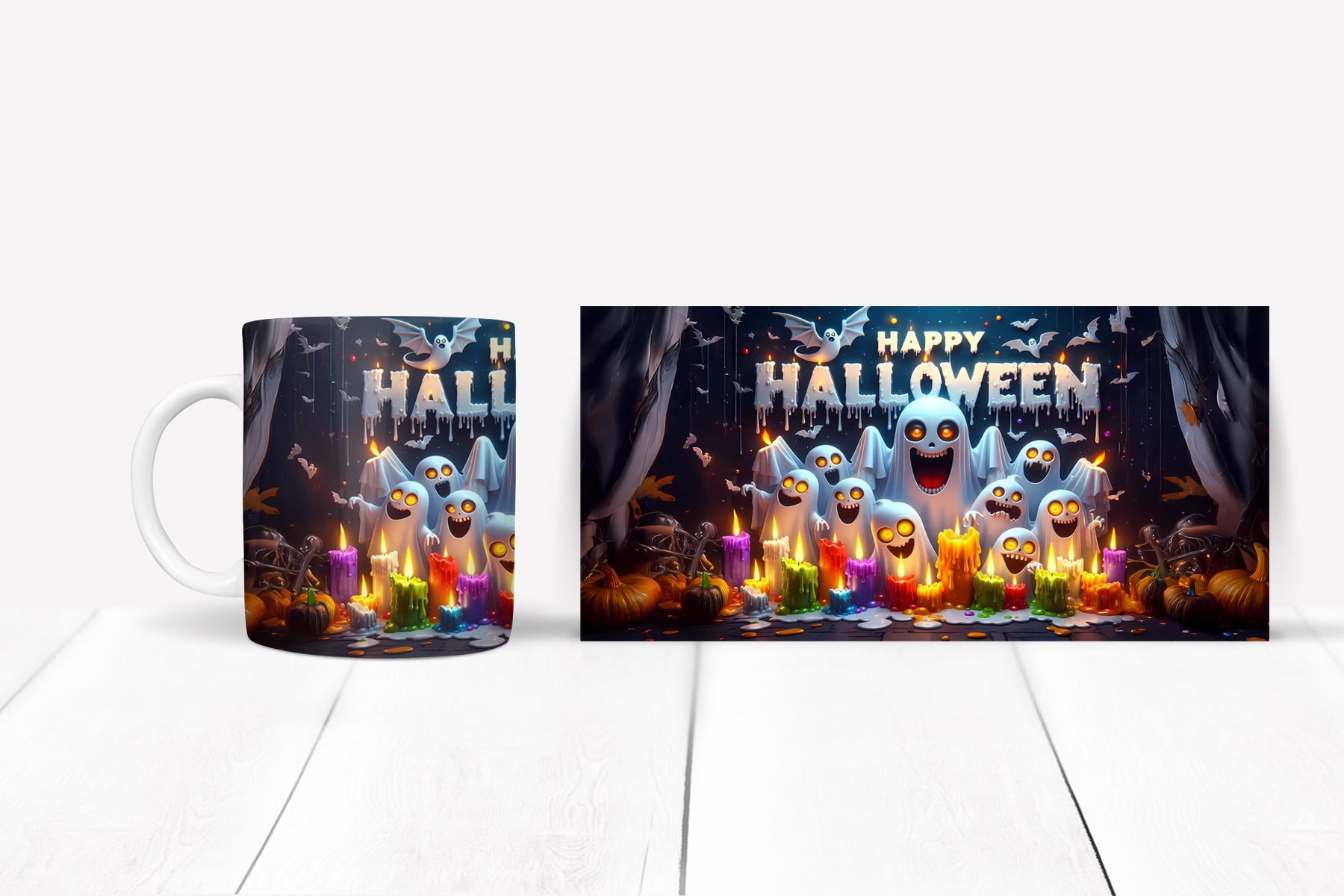 Halloween-themed mug with ghosts and candles on a white background