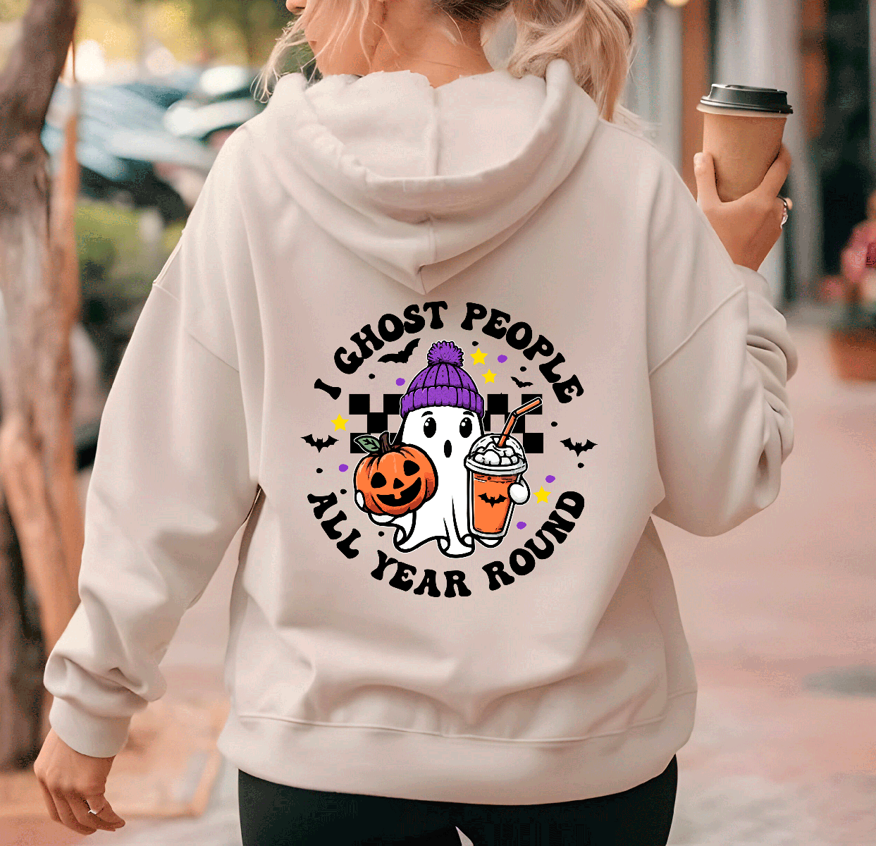 Ghost People All Year Halloween HTV Graphic Ladies Full Zip Hoodies