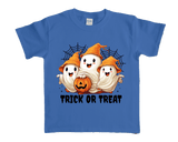 Blue t-shirt with Halloween-themed design featuring ghosts and a pumpkin on a white background.