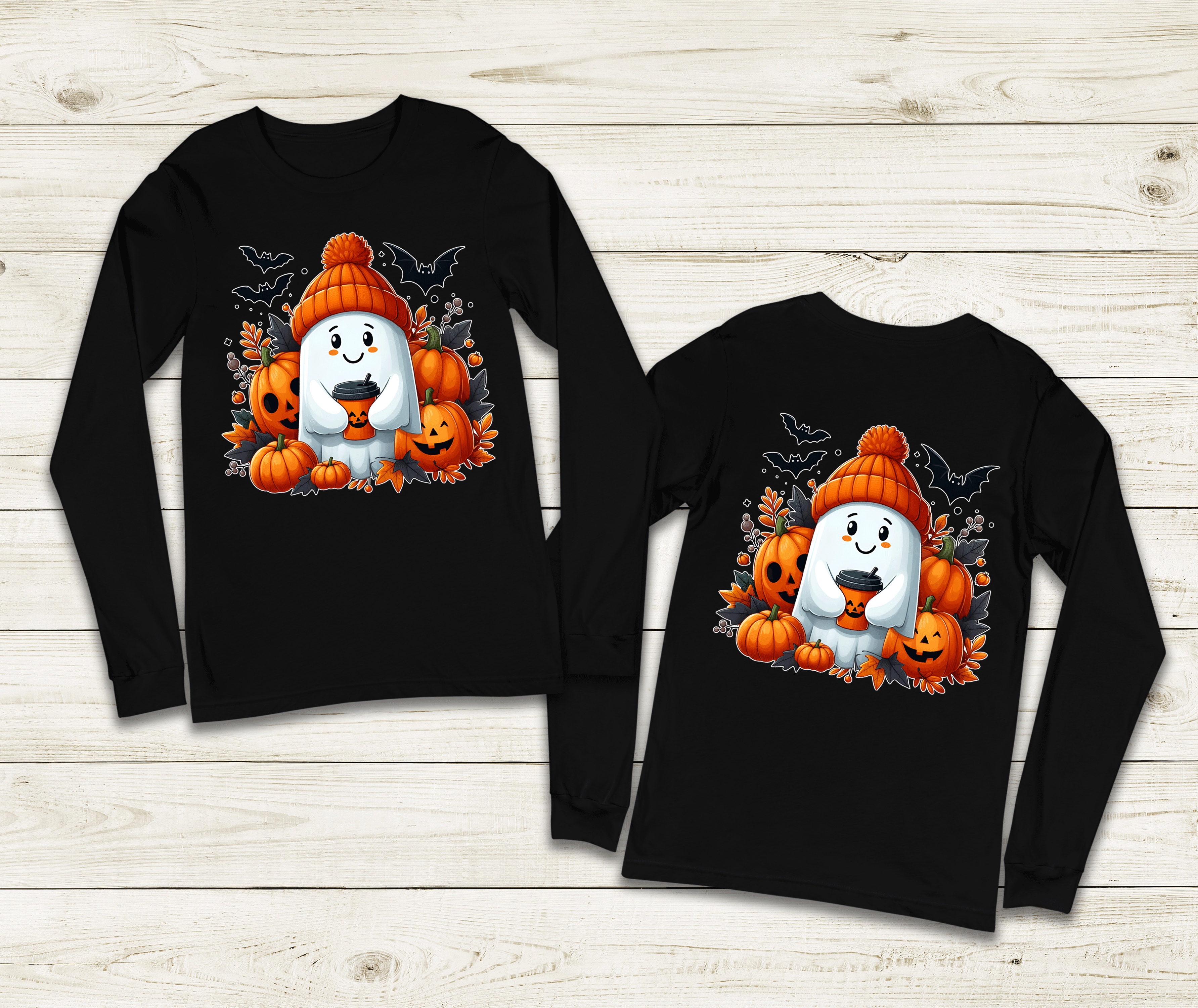 Ghostly Cocoa Halloween HTV Graphic Unisex Youth Long Sleeve T-shirts