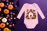 Ghostly Cocoa Halloween HTV Infant Long Sleeve Bodysuits