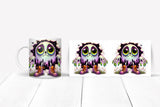 Three mugs with a colorful character design on a white surface.