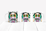 Three mugs with a colorful monster design on a white background