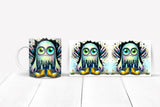 Three mugs with a colorful alien design on a white surface