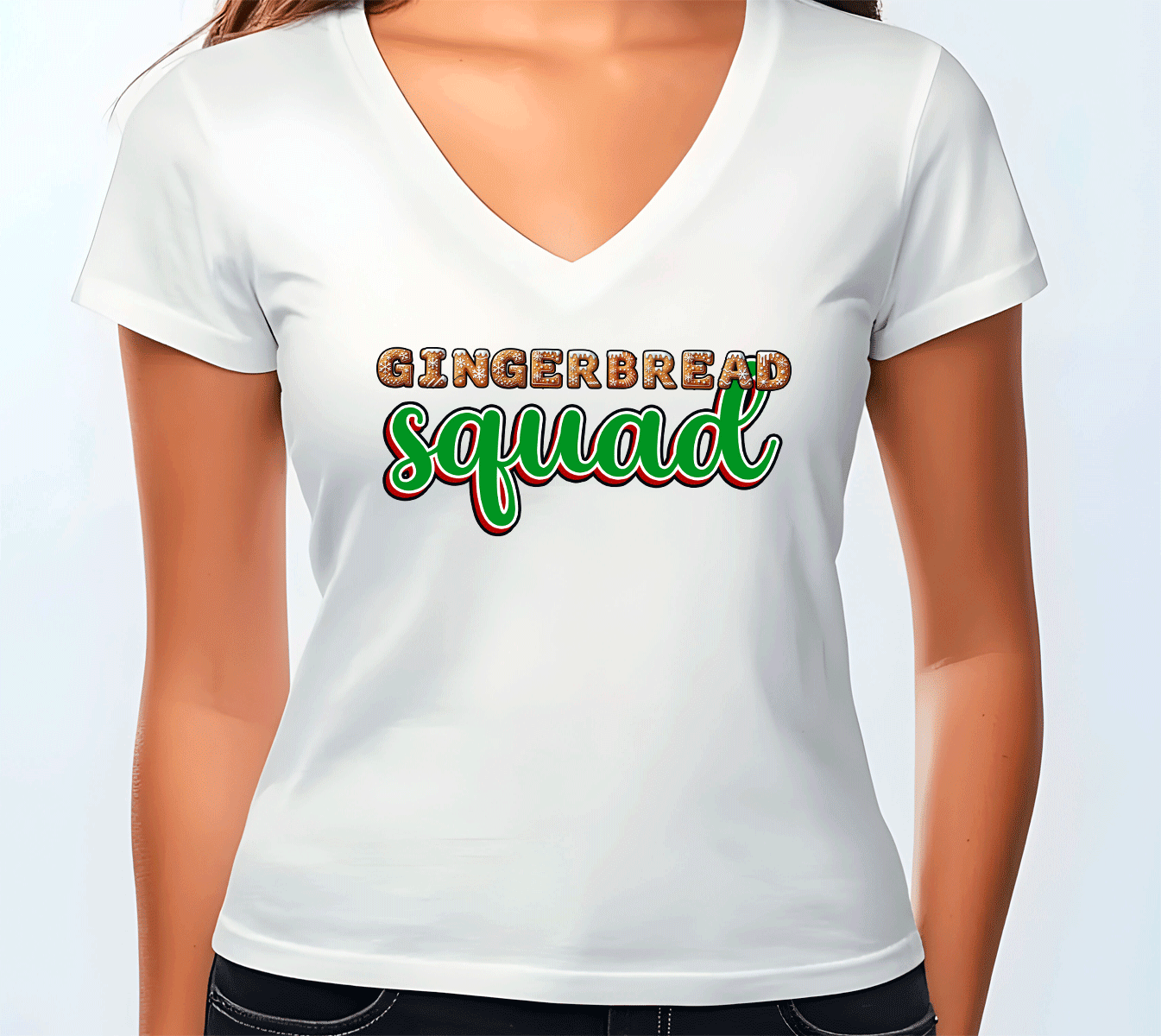 White t-shirt with 'Gingerbread squad' text on a plain background