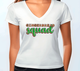 White t-shirt with 'Gingerbread squad' text on a plain background