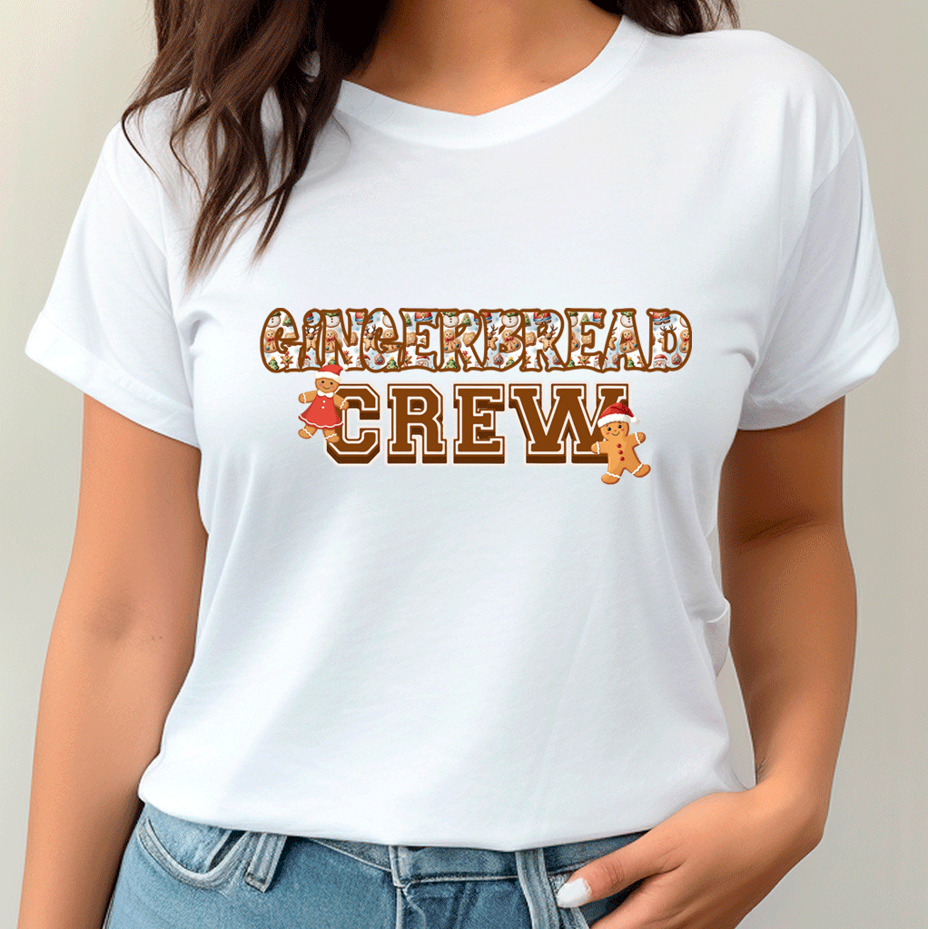 White t-shirt with 'Gingerbread Crew' design worn by a person