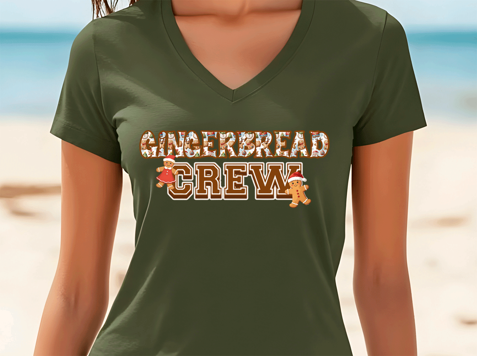 Green t-shirt with 'GINGERBREAD CREW' text and gingerbread men graphics on a beach background