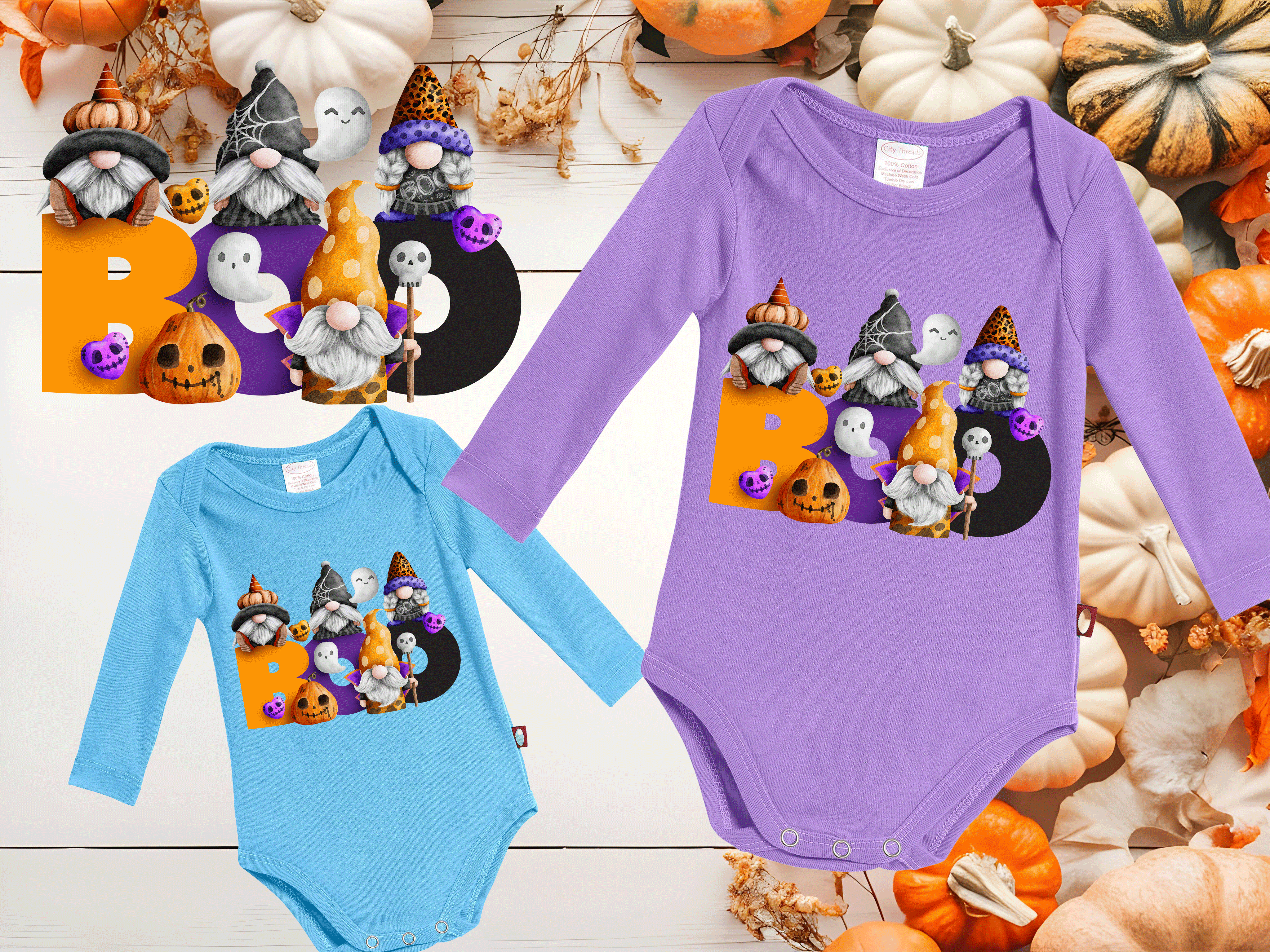 Gnomie BOO  Halloween HTV Infant Long Sleeve Bodysuits