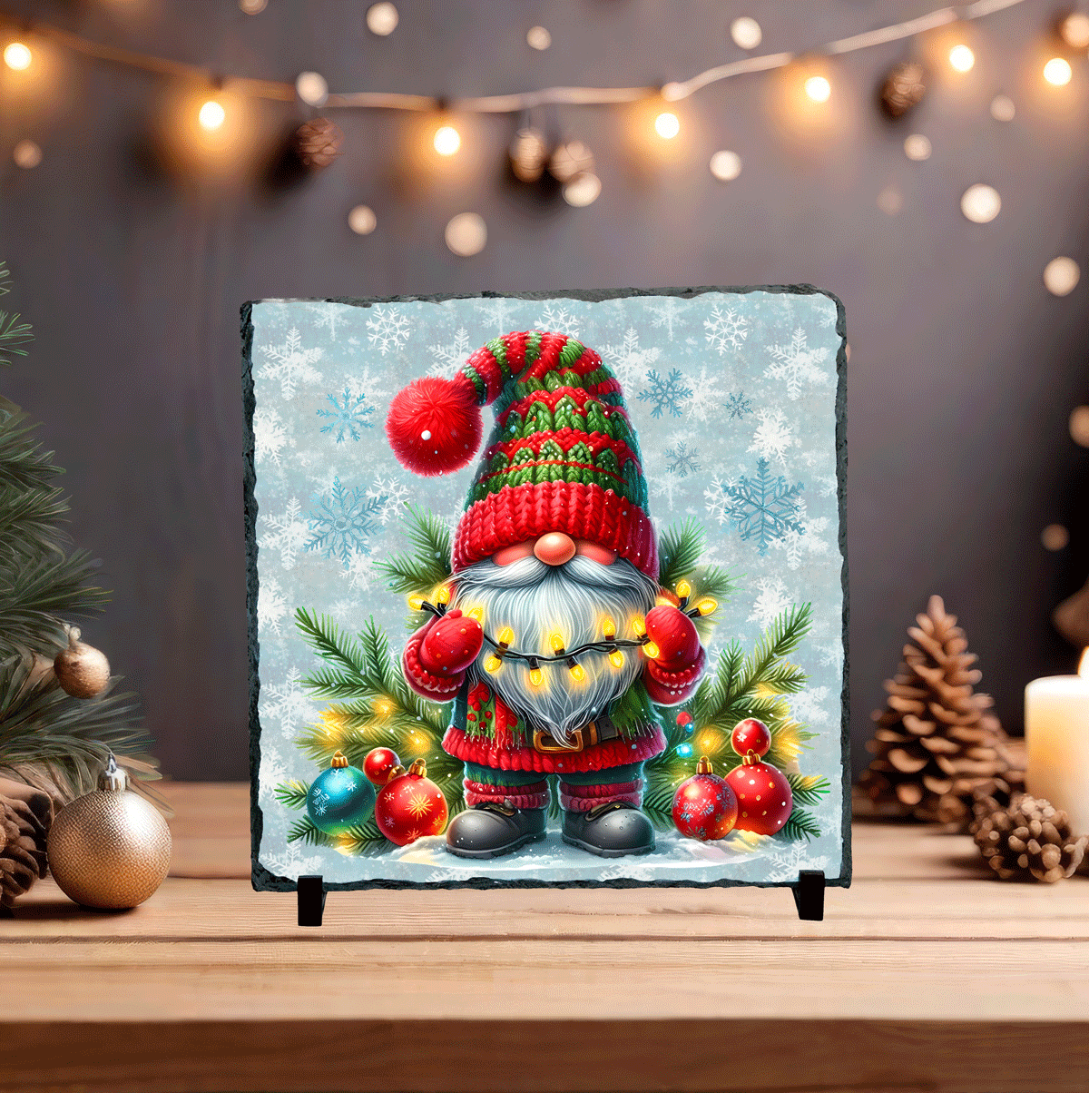 Decorative plaque with a Christmas gnome surrounded by ornaments and lights on a wooden surface with festive decorations.