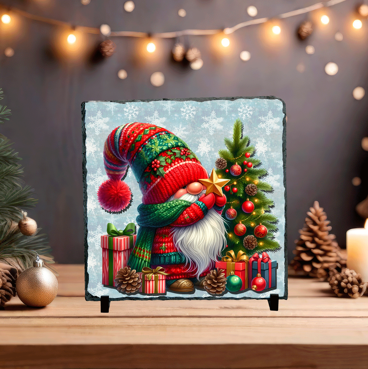 Decorative Christmas slate with a gnome and tree on a wooden surface with festive decorations.