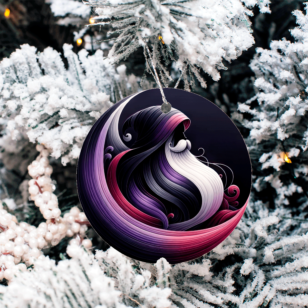 Decorative ornament with wavy design on a snowy tree