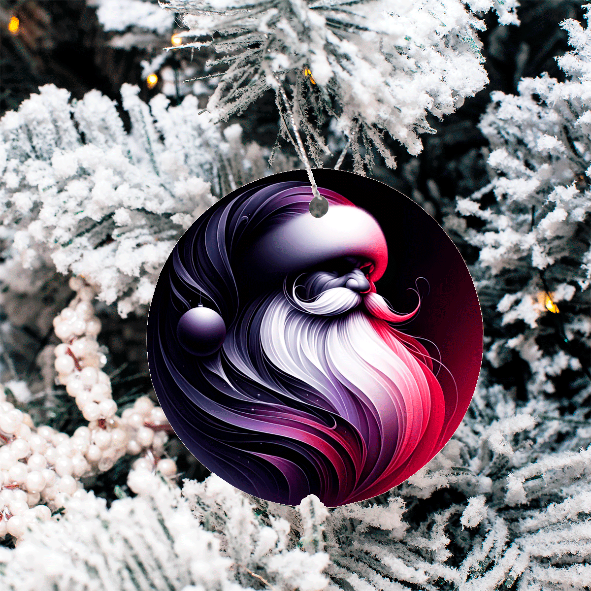 Decorative ornament with a colorful design hanging on a snow-covered tree.