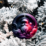 Decorative Christmas ornament with a colorful Santa Claus design on a snowy tree background