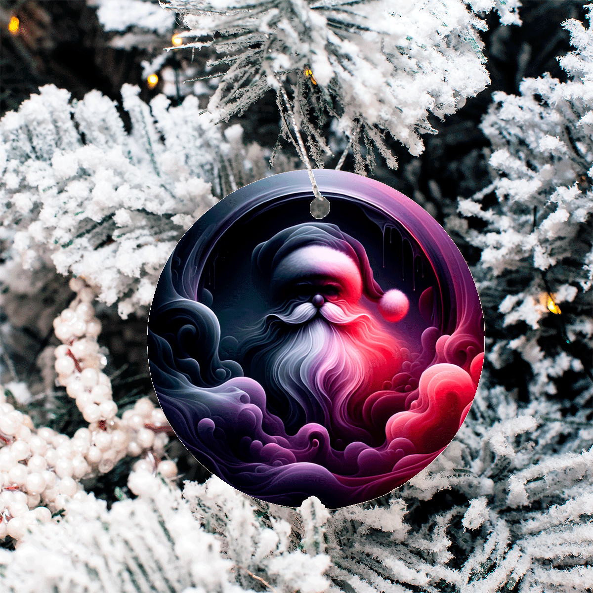 Decorative Christmas ornament with a colorful Santa Claus design on a snowy tree background
