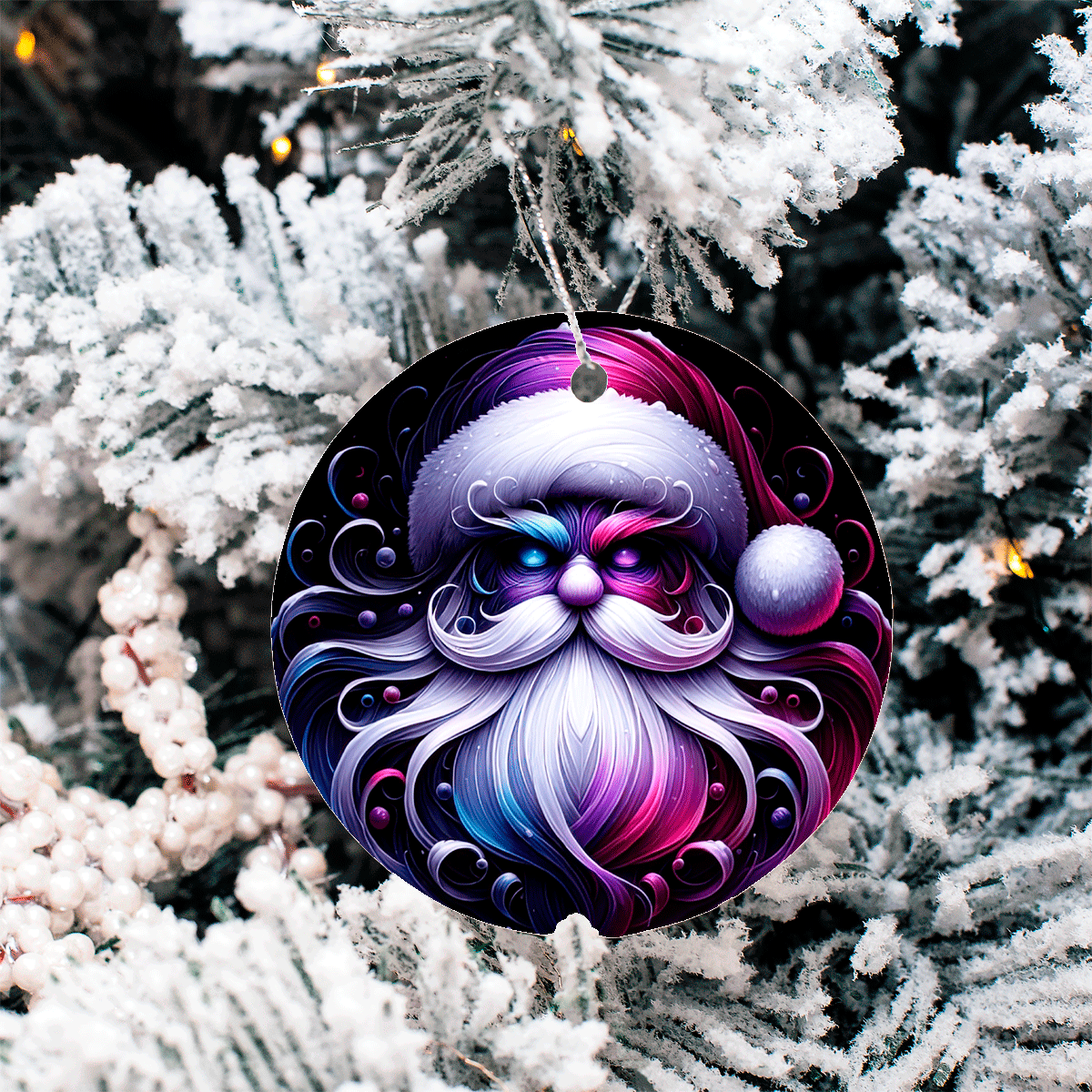 Colorful Santa Claus ornament on a snow-covered tree