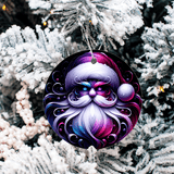 Colorful Santa Claus ornament on a snow-covered tree