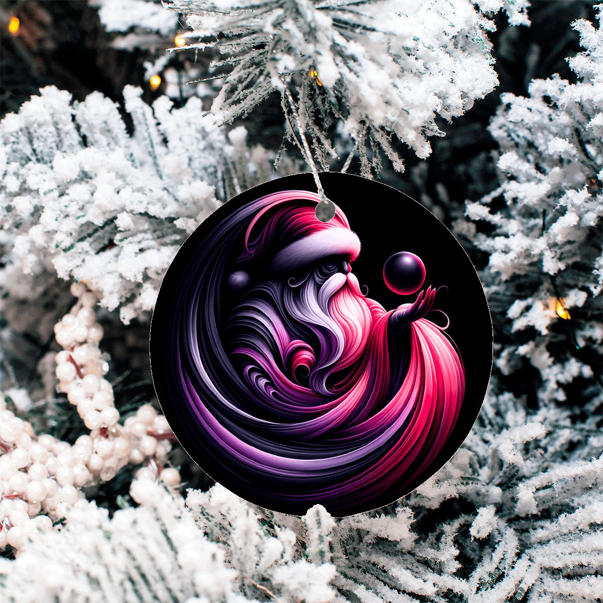 Decorative ornament with a pink and purple design hanging on a snow-covered tree.