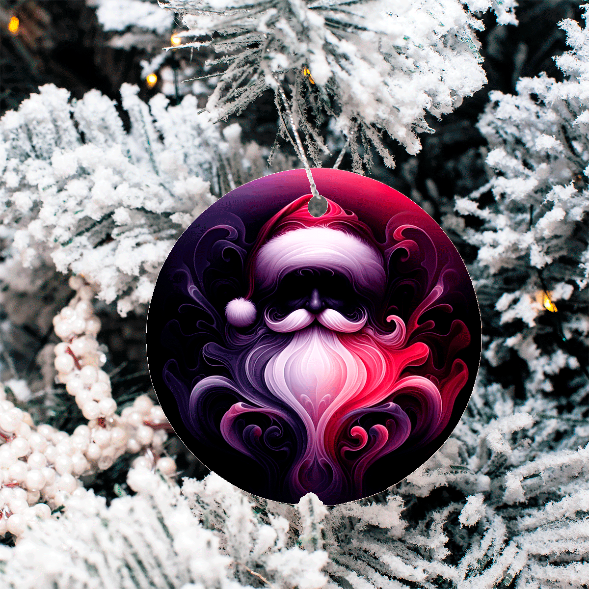 Decorative Christmas ornament with a stylized Santa Claus face on a snow-covered tree.