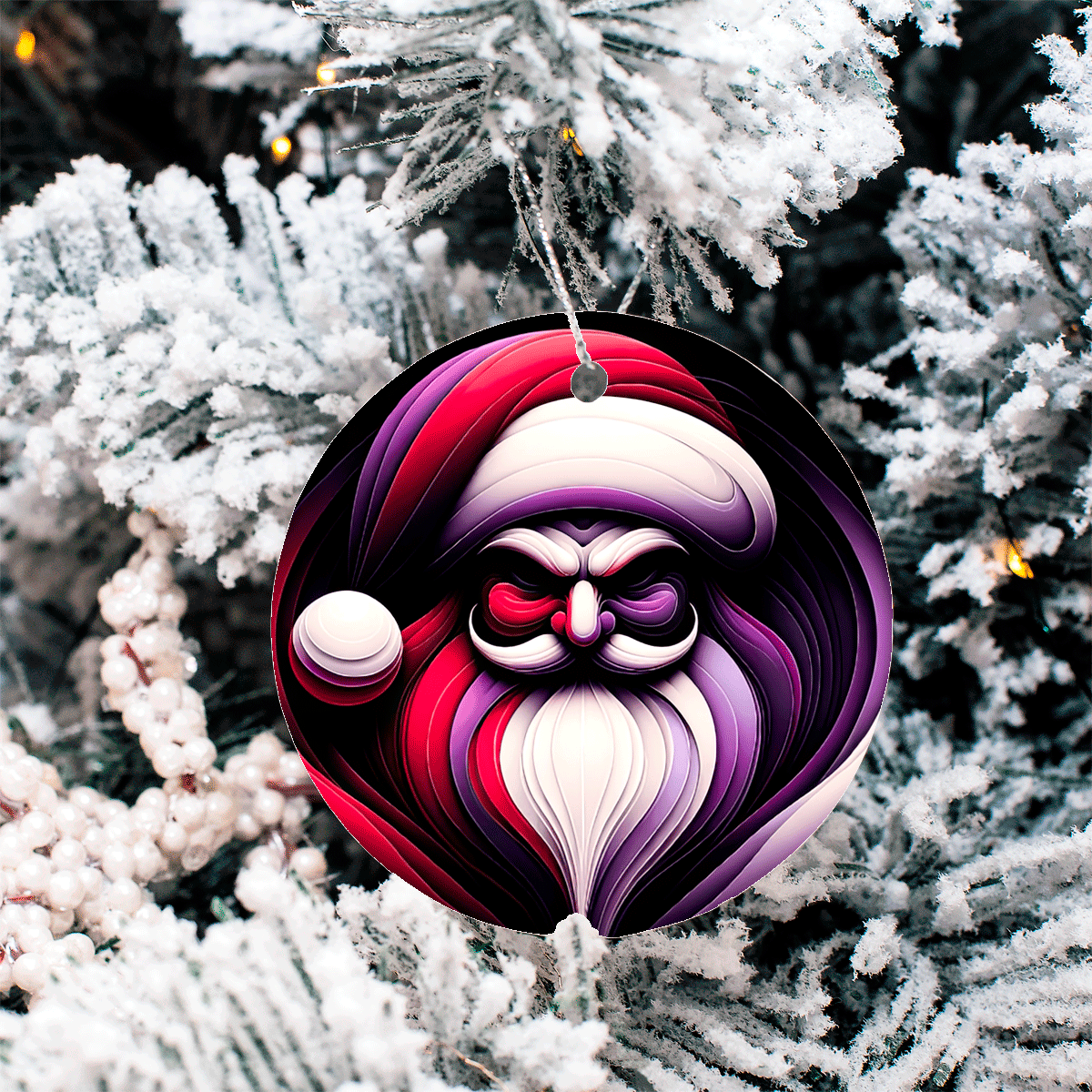 Ornament with a stylized face design hanging on a snow-covered tree.