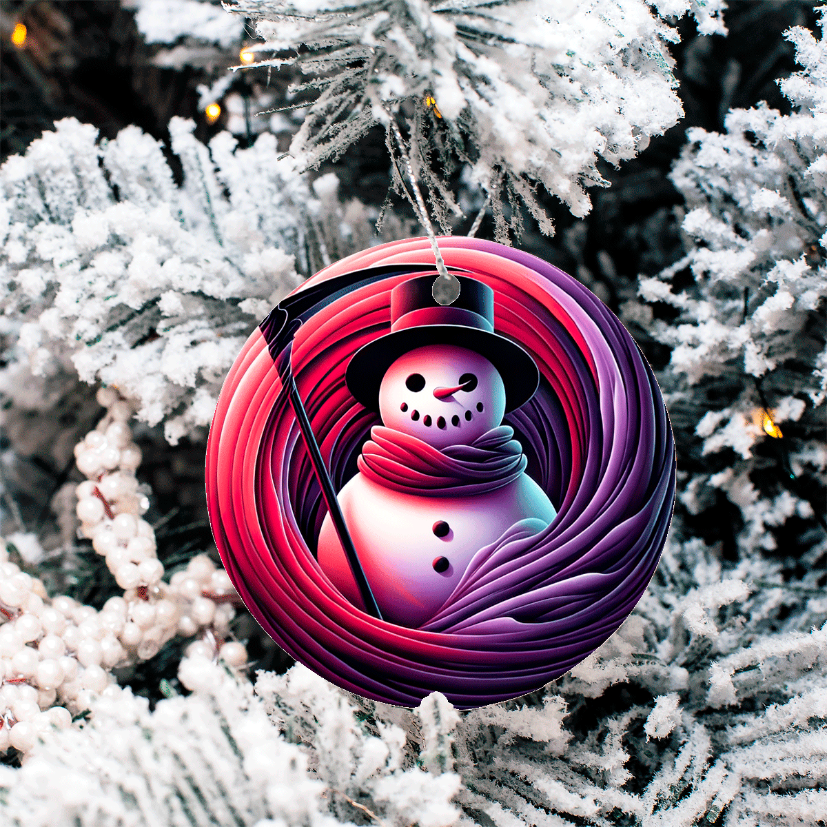 Colorful snowman ornament hanging on a tree