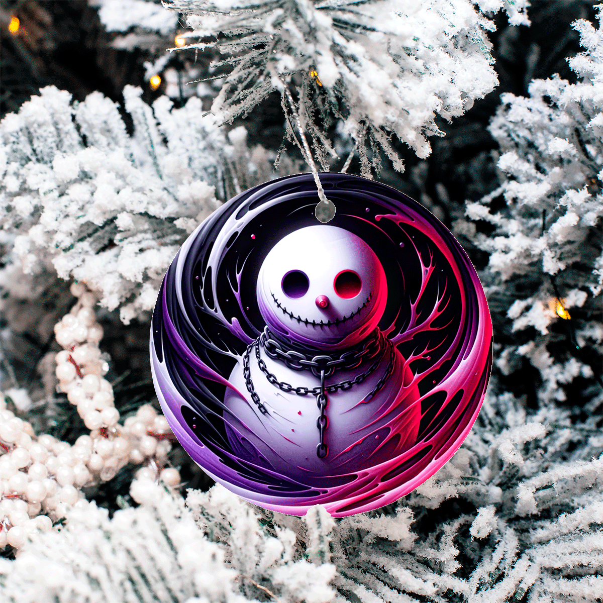 Decorative ornament with a snowman design on a Christmas tree