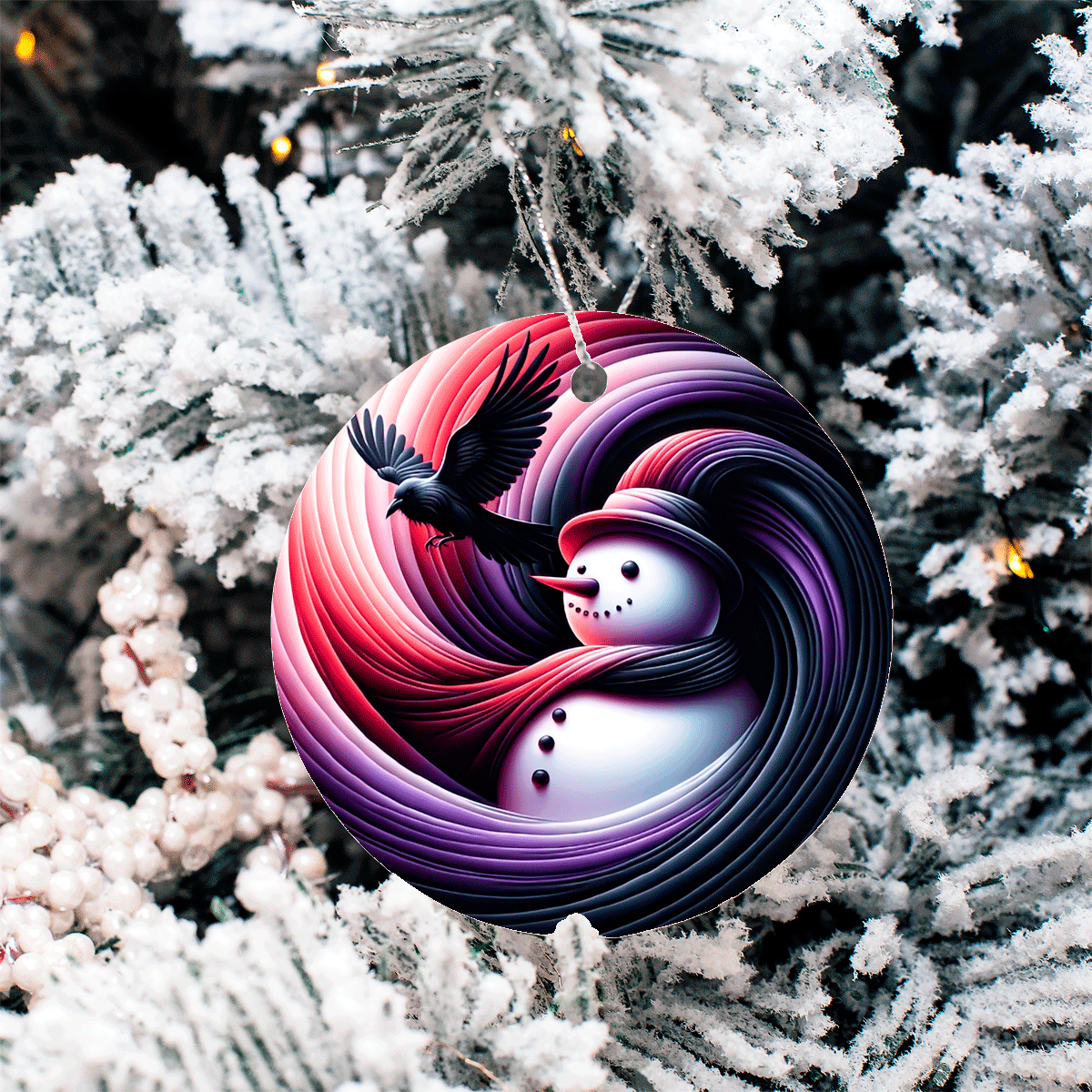 Colorful ornament with a snowman and bird design on a snowy tree background