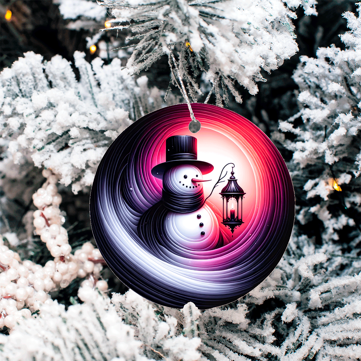 Decorative Christmas ornament with a snowman design on a tree