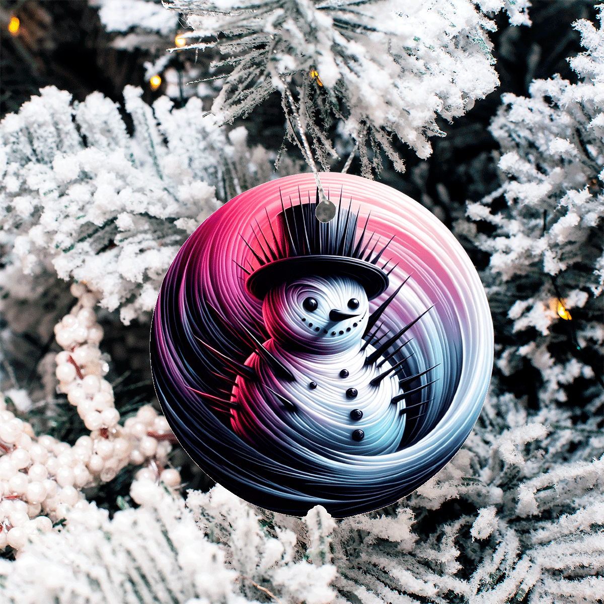 Colorful snowman ornament on a snow-covered tree