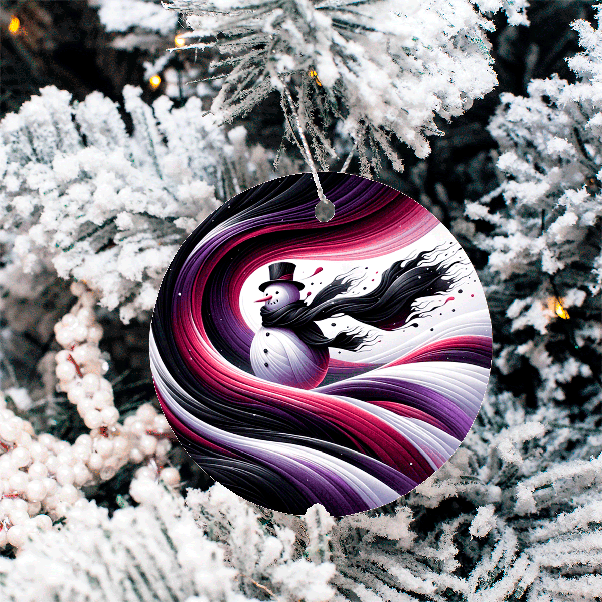 Decorative Christmas ornament with a colorful swirl design hanging on a snow-covered tree.