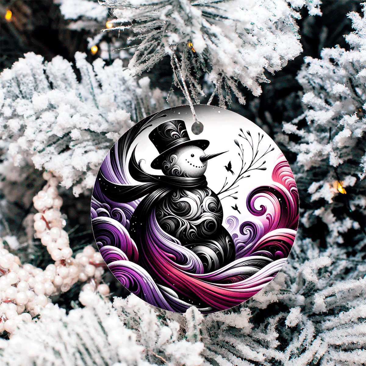 Decorative Christmas ornament with a snowman design on a tree