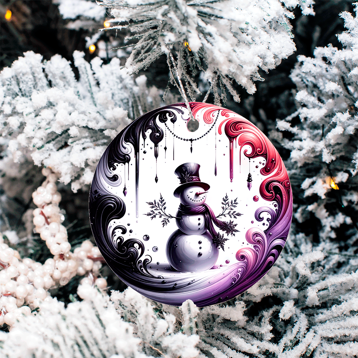 Decorative Christmas ornament with a snowman design on a tree