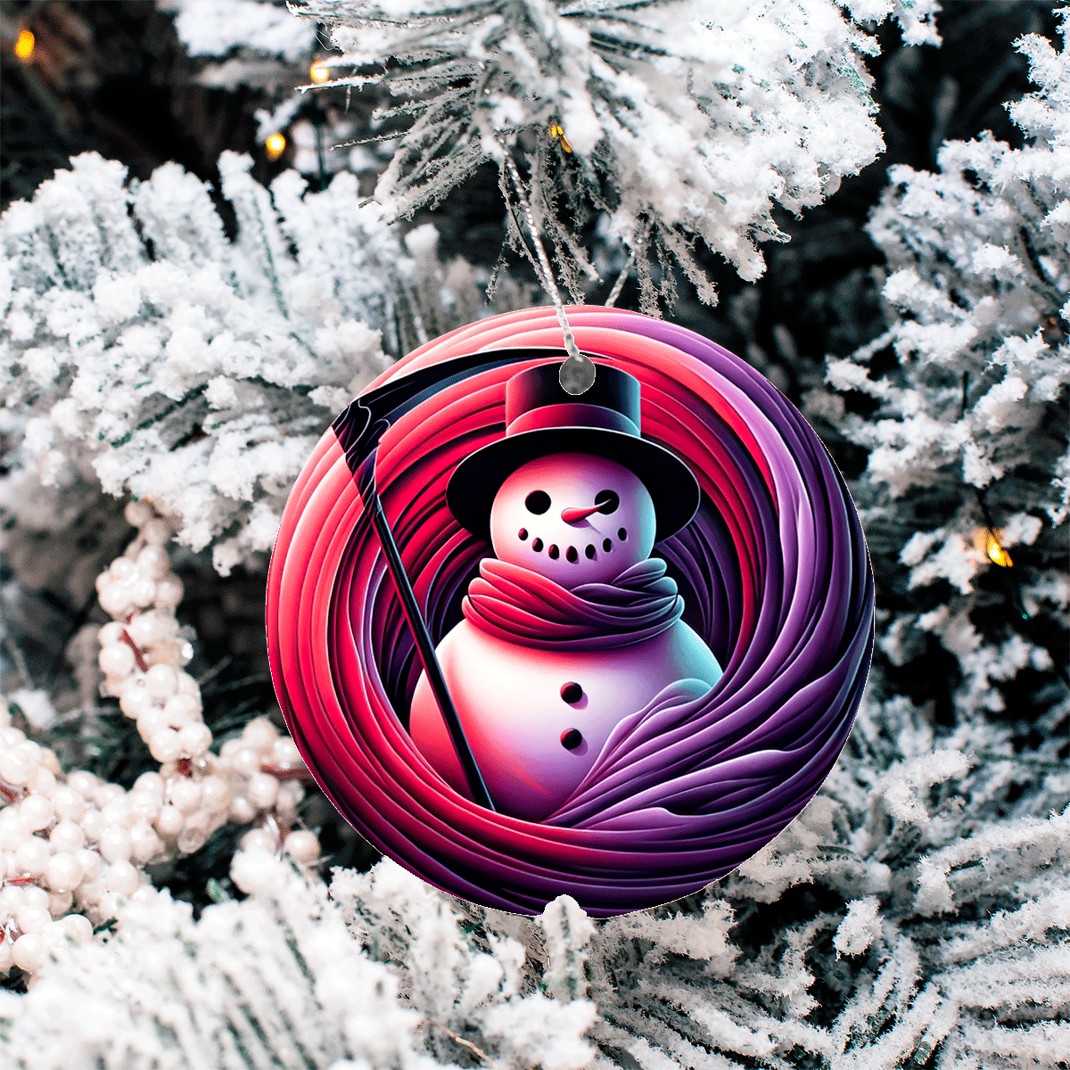 Decorative Christmas ornament with a snowman design on a purple and pink swirl background, hanging on a tree.