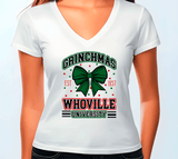 White t-shirt with 'Grinchmas Whoville University' design on a white background