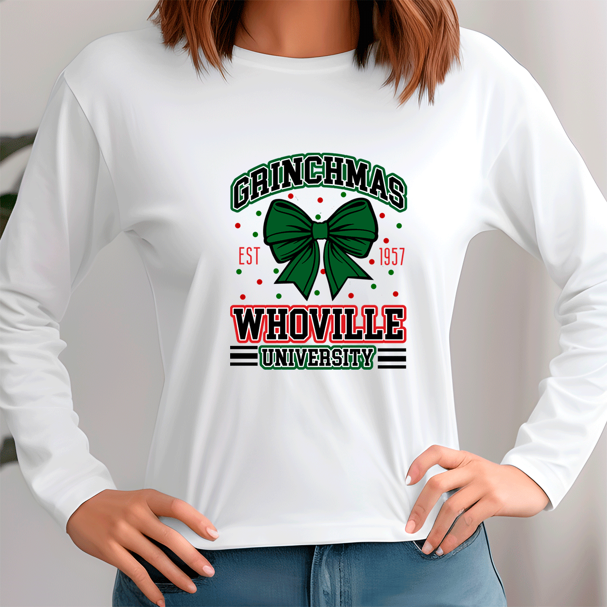 White sweatshirt with 'Gainchmas Whoville University' design featuring a green bow.