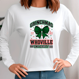White sweatshirt with 'Gainchmas Whoville University' design featuring a green bow.