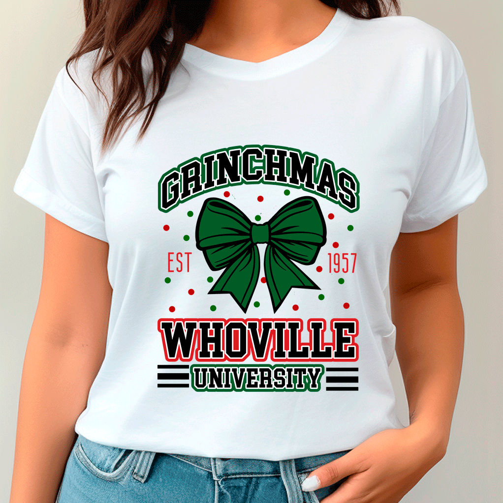 White t-shirt with 'Grinchmas Whoville University' design on a plain background