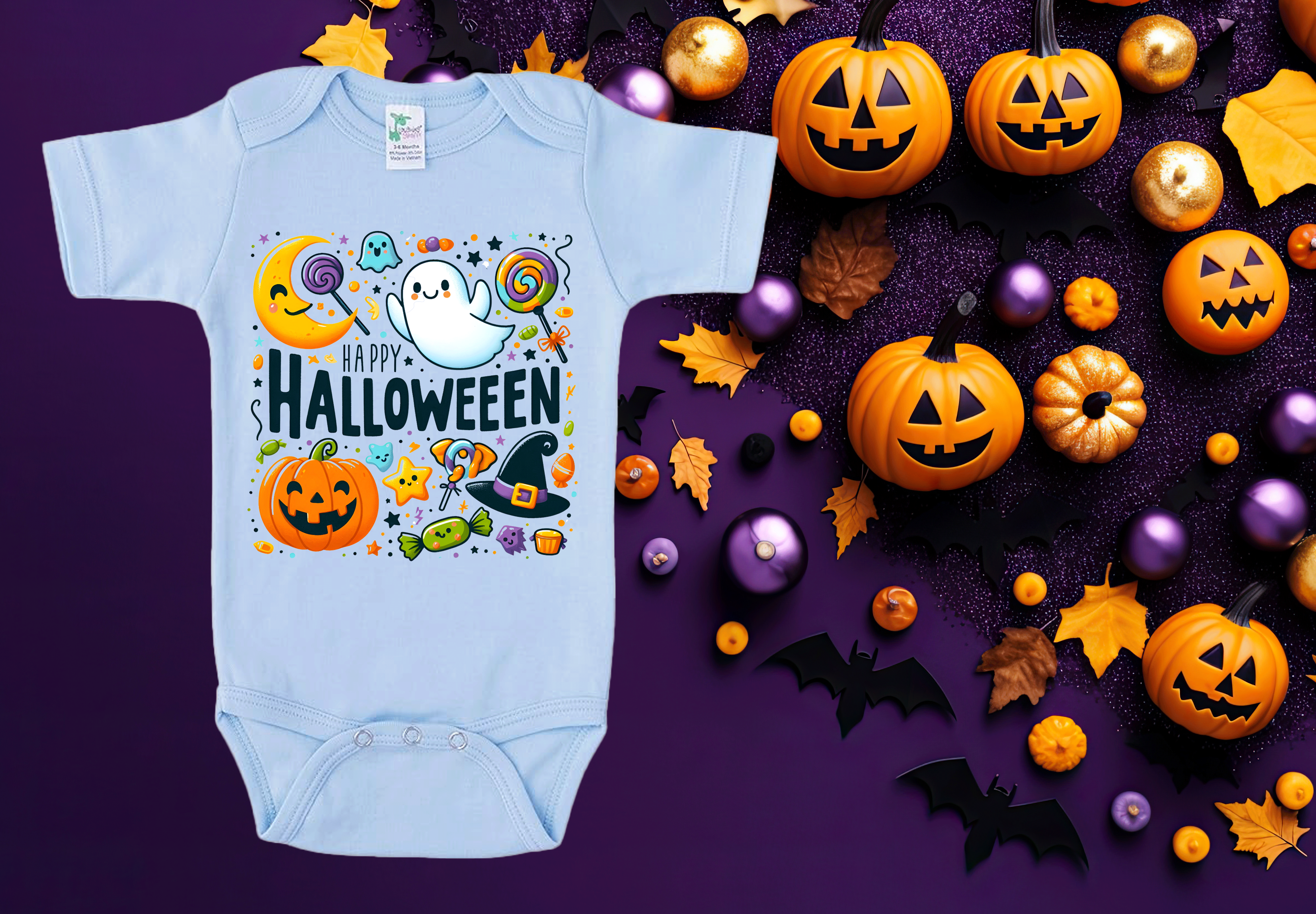 Light blue baby onesie with Halloween design on a purple background with pumpkins and decorations