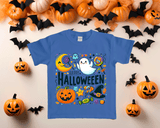 Blue t-shirt with Halloween-themed design surrounded by pumpkins and bats on a light background