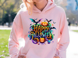 Person wearing a pink hoodie with a colorful 'Happy Halloween' design outdoors.